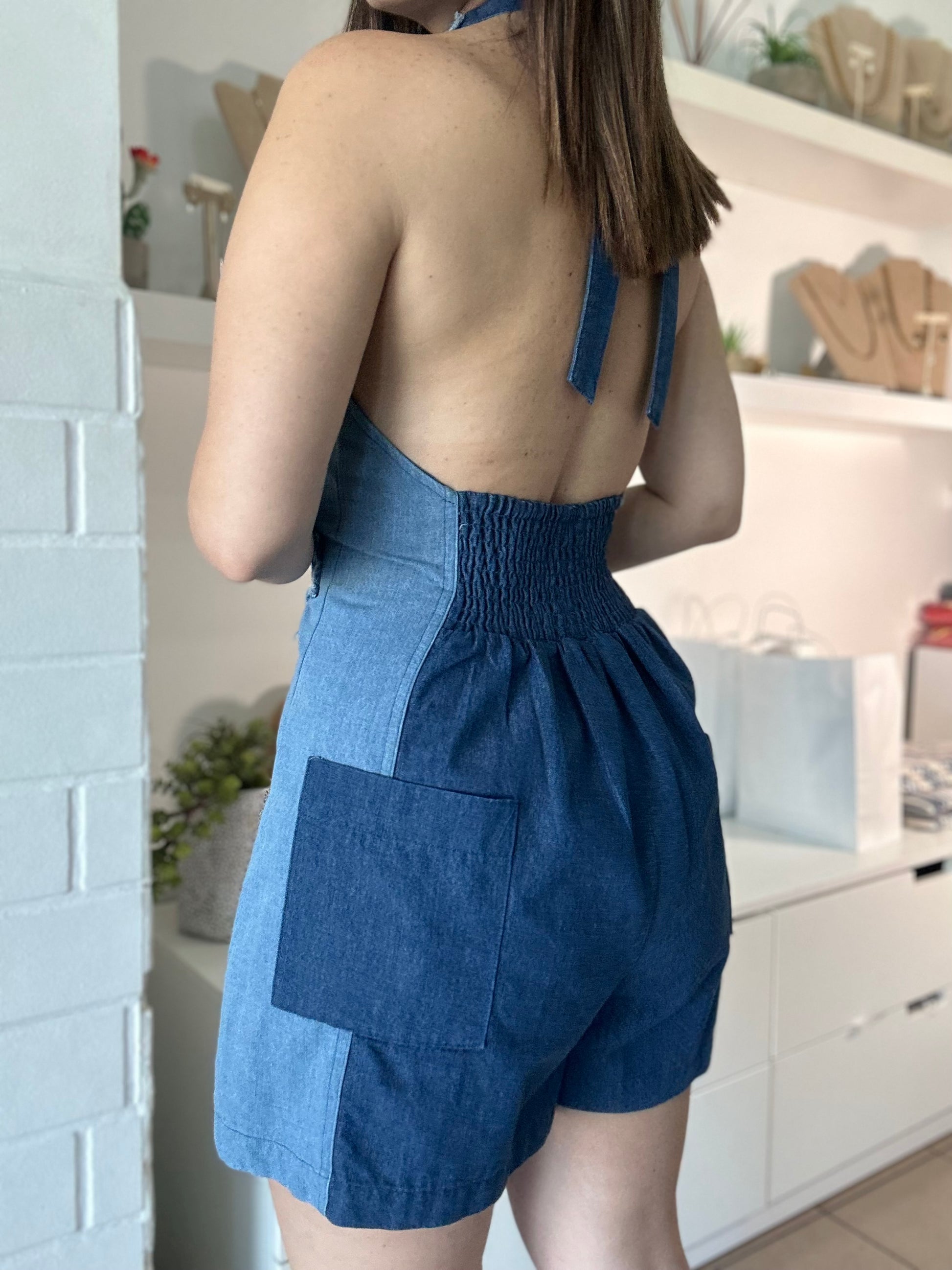 Embroidered Denim Romper