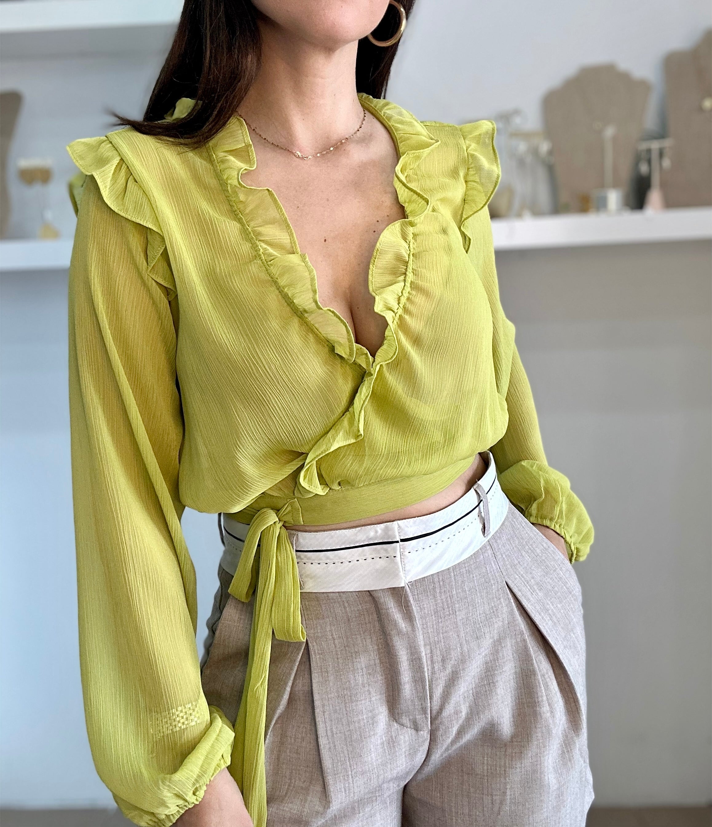 Ruffle wrap sales blouse