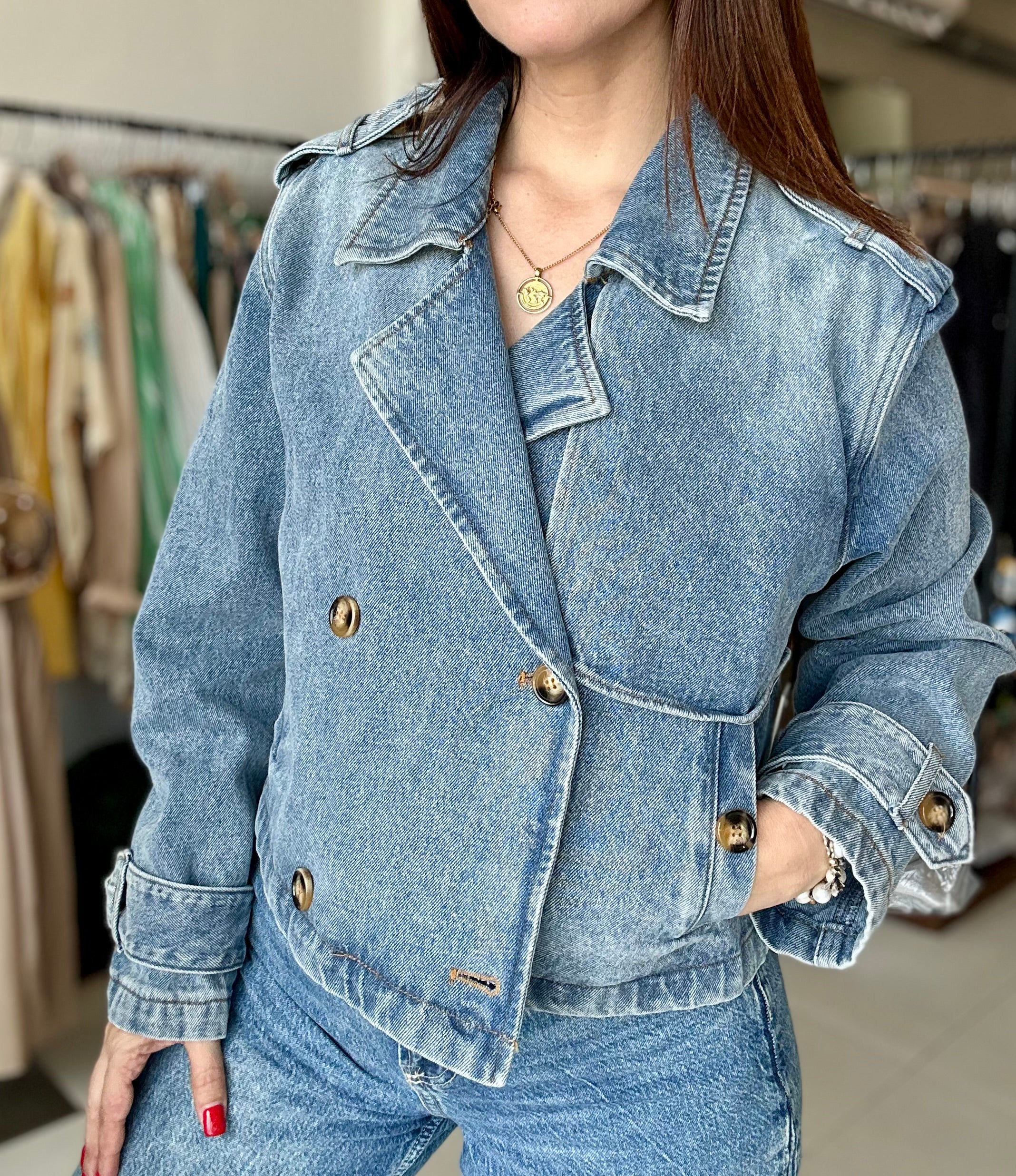 Double Breasted Crop Denim Jacket