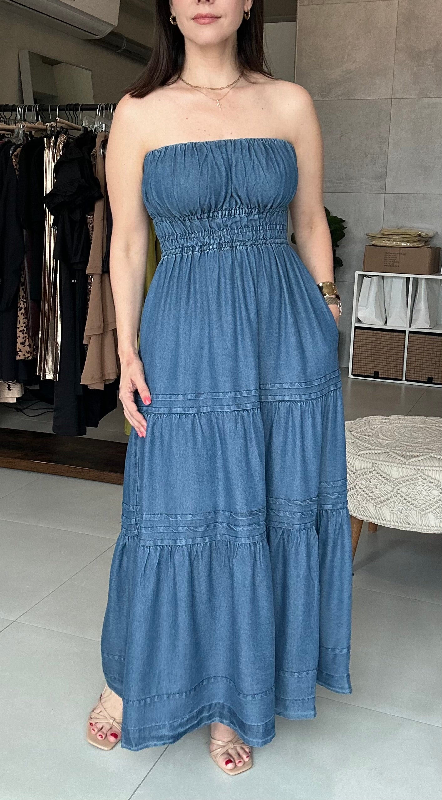 Pleated Strapless Maxi Dress