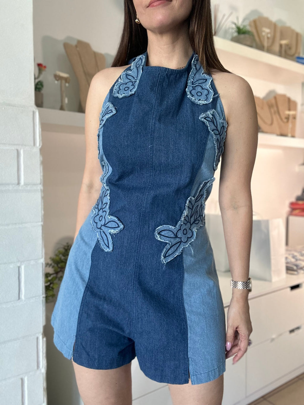 Embroidered Denim Romper