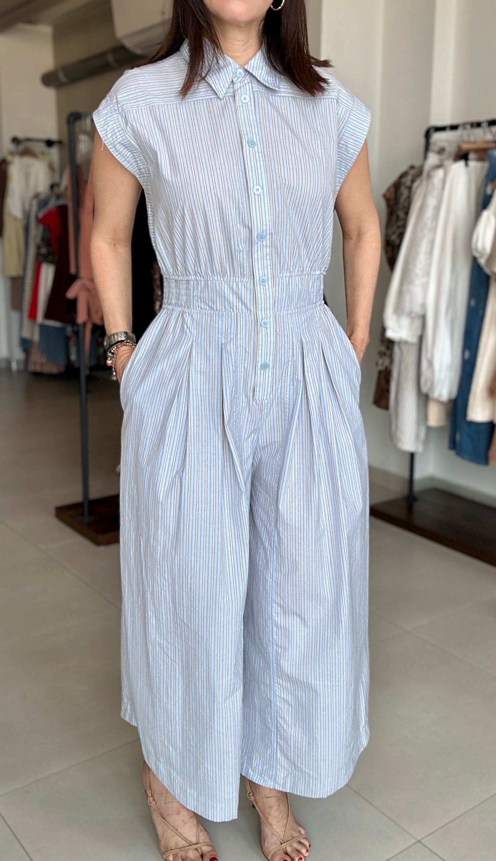 Striped Button Down Jumpsuit