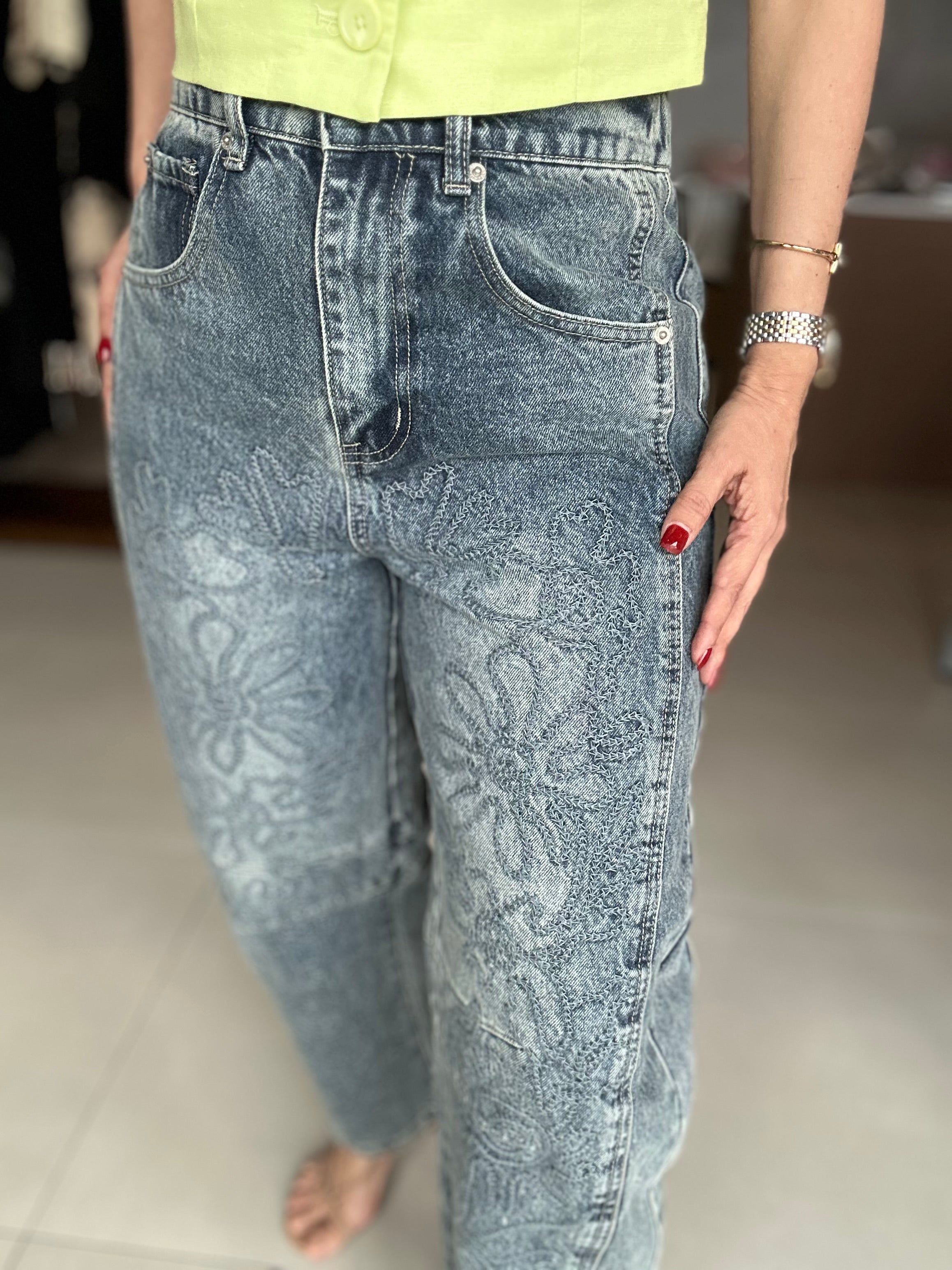 Embroidered Barrel Pant (Denim)