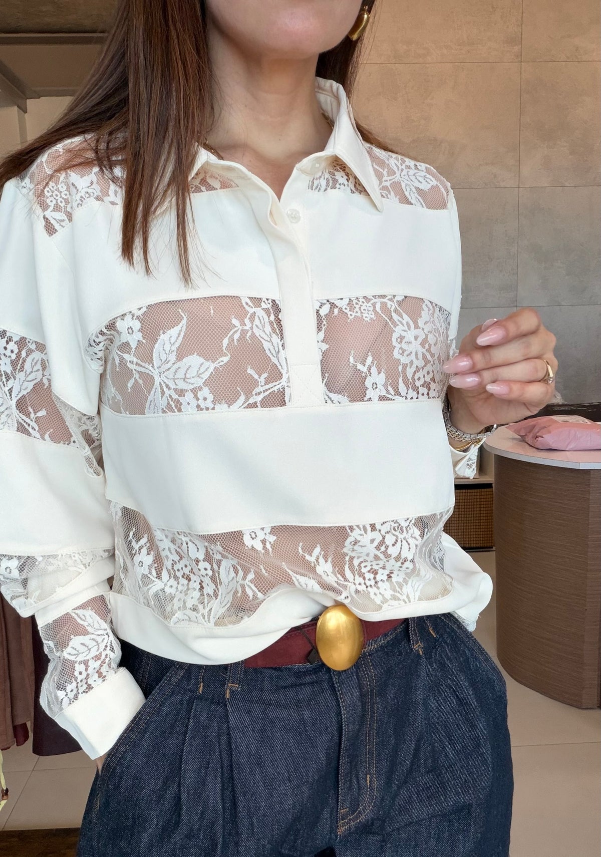 Cream Lace Polo