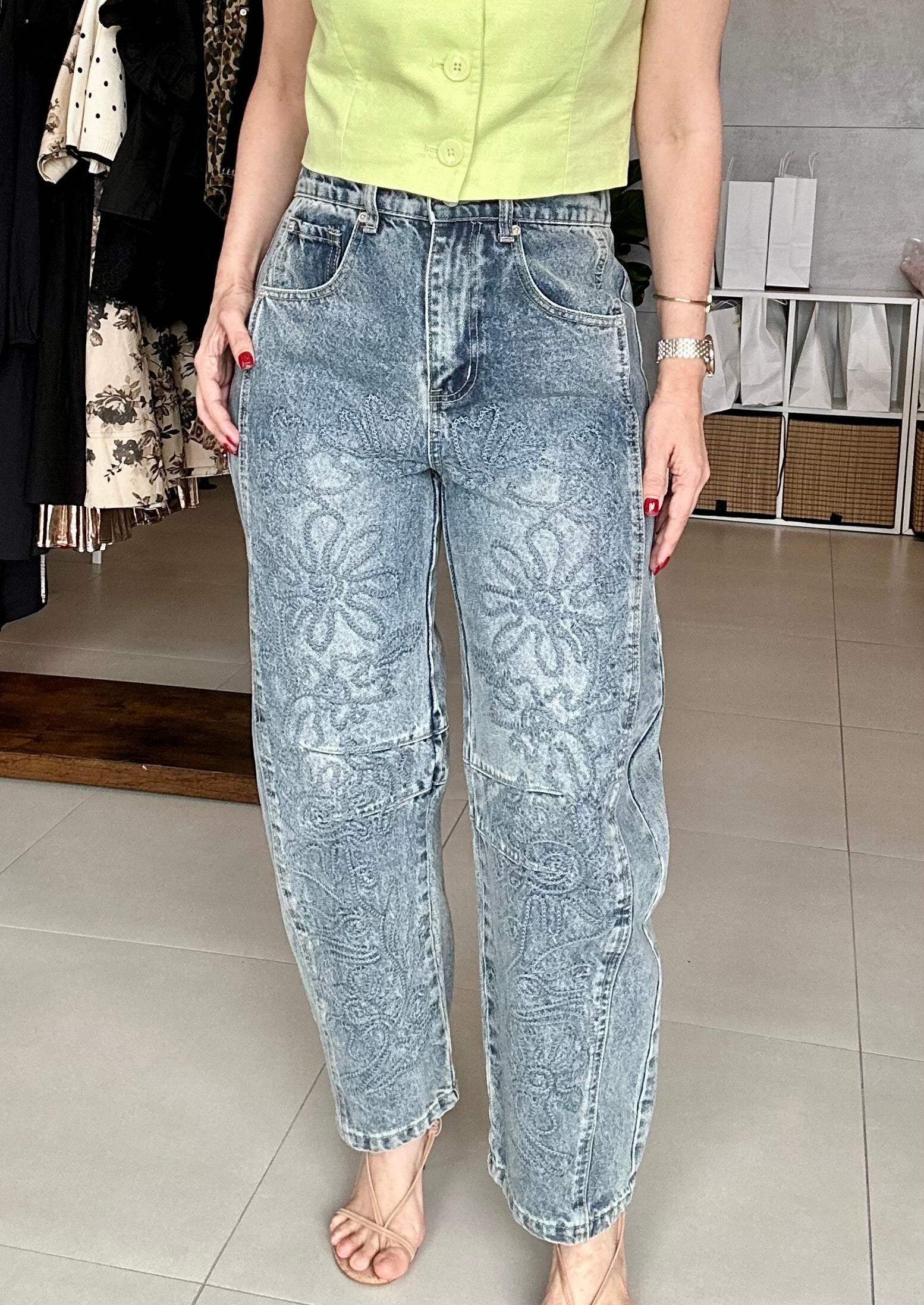 Embroidered Barrel Pant (Denim)